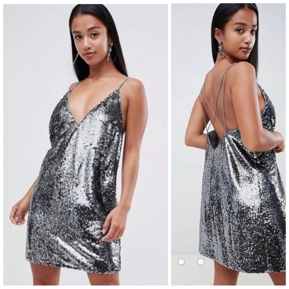 •ASOS• Allover Metallic Sequin Mini Sleeveless Cami Shift Dress Pewter‎ Size 4